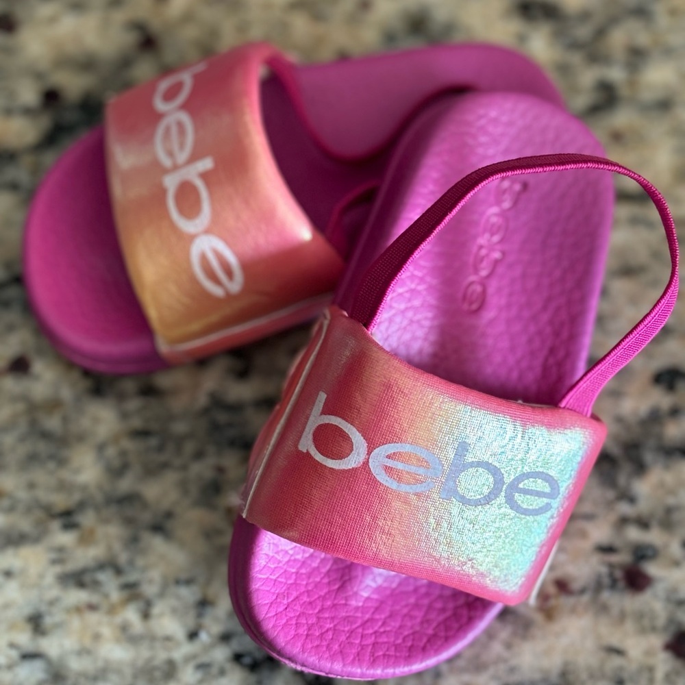 Bebe Pink and Orange Slide Sandals with Metallic Sheen
